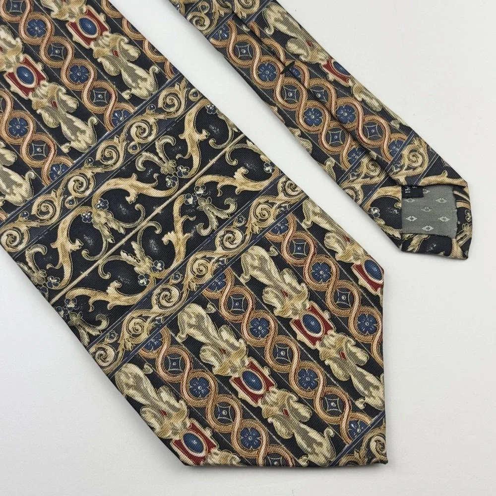 Monsieur Givenchy Silk Tie Navy Gold Baroque Scrollwork Vintage Made in USA